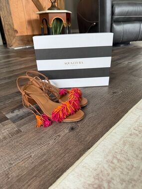 Aquazzura Women's 38.5 Fringed Heel Sandal with Pink & Orange Tassel Detail